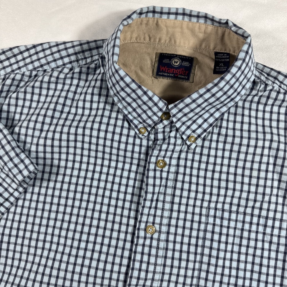 Vintage Wrangler Mens Premium‎ Quality Short Sleeve Shirt Blue Plaid Size XL